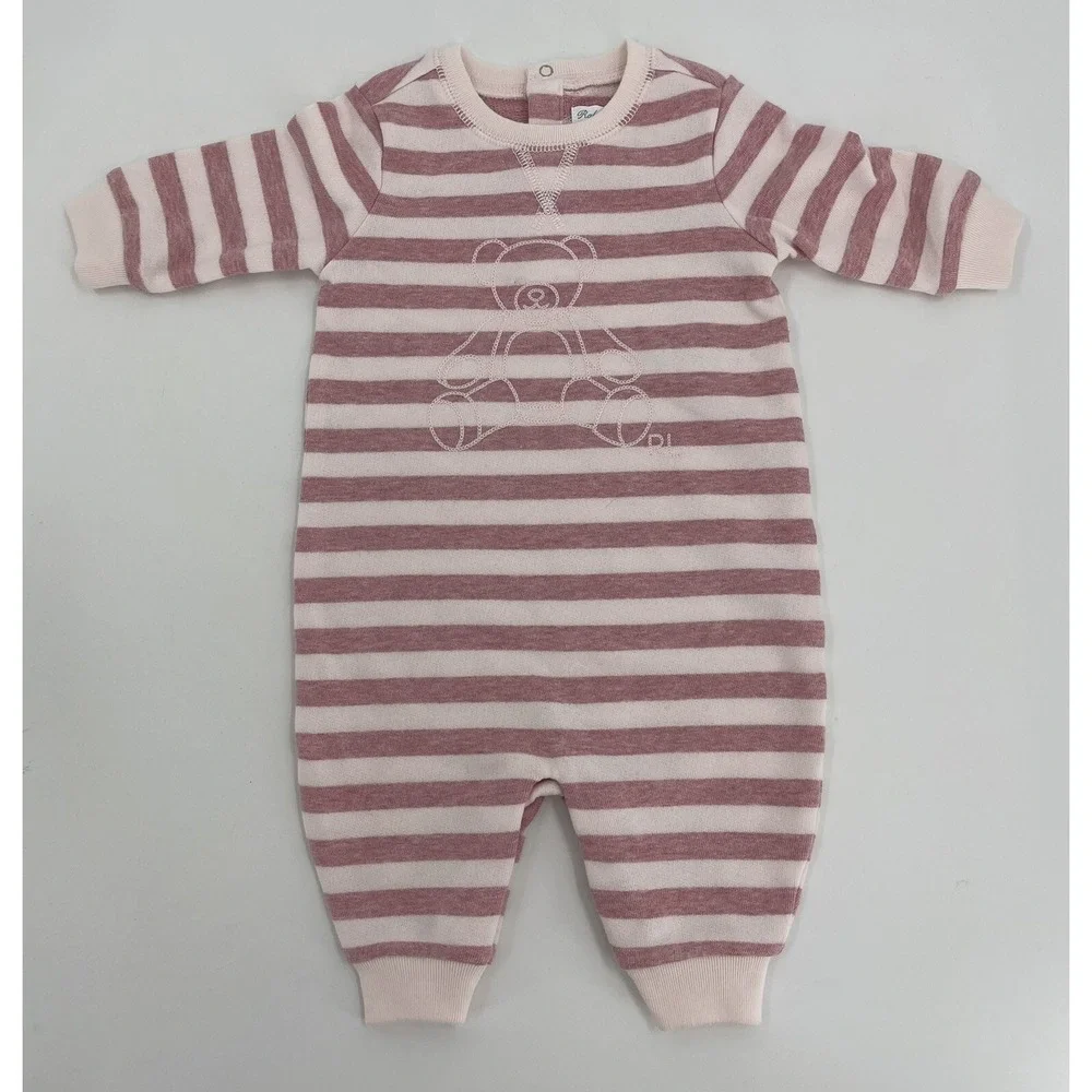 Ralph‎ Lauren Bodysuit with Classic Teddy Bear Brick Red Striped 3M Unisex